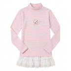 Jirai Kei Pink Striped Cat Embroidery Ruffle Hem Turtleneck Top Pink Shoptery