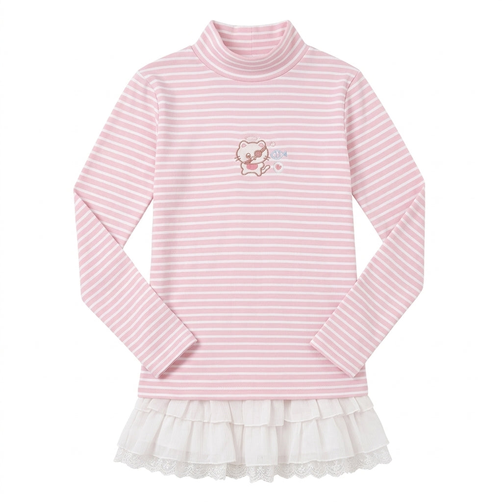 Jirai Kei Pink Striped Cat Embroidery Ruffle Hem Turtleneck Top Pink Shoptery