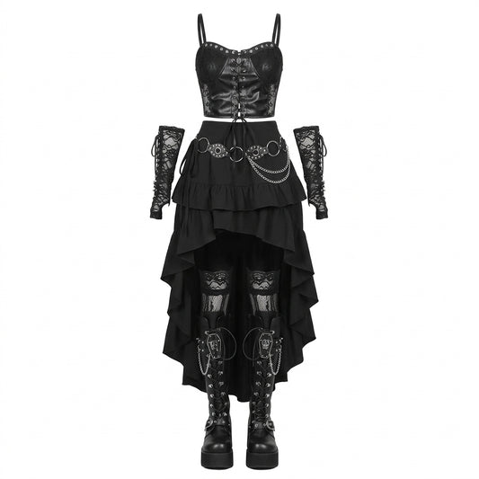 Visual Kei Black Faux Leather Corset & Asymmetric Ruffle Skirt Set Shoptery