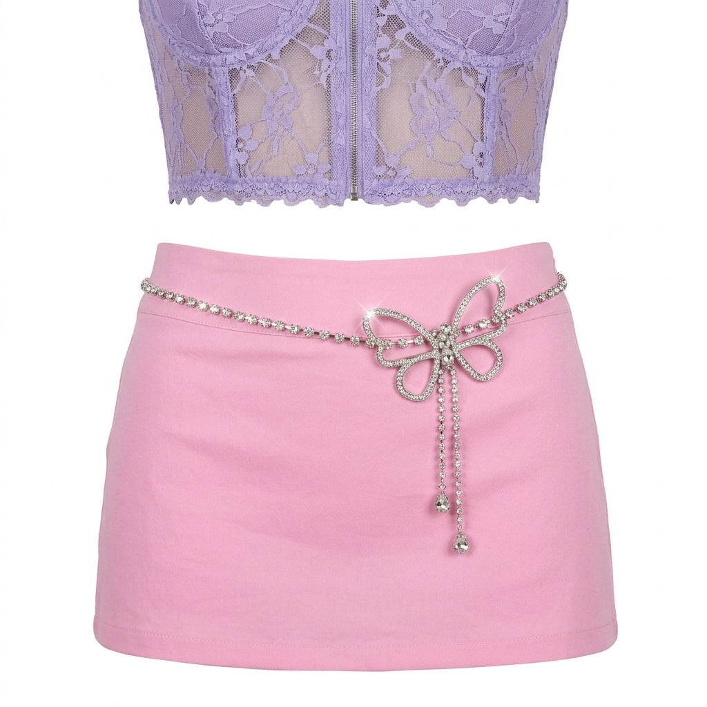 Fairy Kei Pastel Lace Crop Top & Pink Mini Skirt with Rhinestone Belt Secondary image