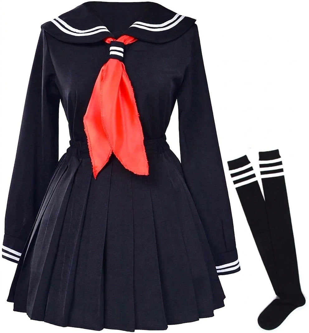 Jirai Kei Dark Sailor Uniform Pleated Dress & Striped OTK Socks Set Black Shoptery Main image