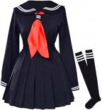 Jirai Kei Dark Sailor Uniform Pleated Dress & Striped OTK Socks Set Black Shoptery