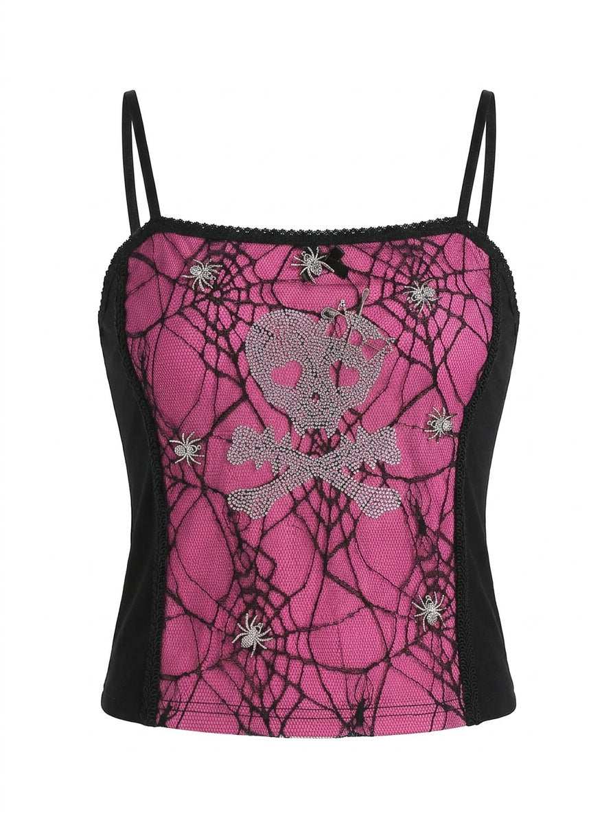 Jirai Kei Skull Rhinestone Spider Web Lace Cami Crop Top Shoptery Main image