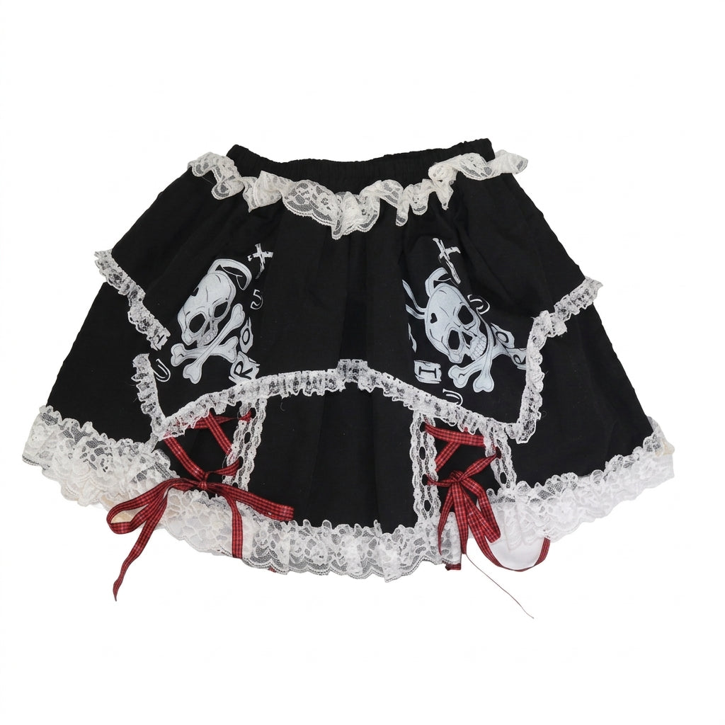 Visual Kei Skull Crossbones Lace-Trim Red Ribbon Mini Skirt One Size Shoptery