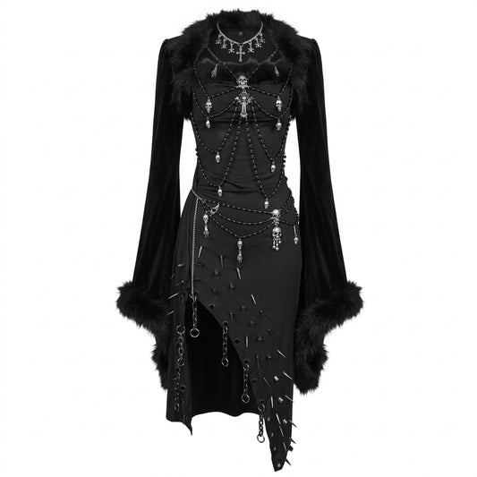 Visual Kei Skull Chain Spike Faux Fur Velvet Dark Mini Dress 3 pieces Shoptery