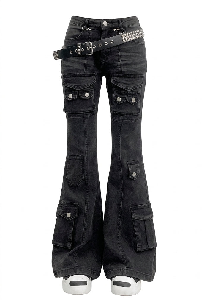 Visual Kei Studded Belt Cargo Flare Jeans in Washed Black Shoptery Main image