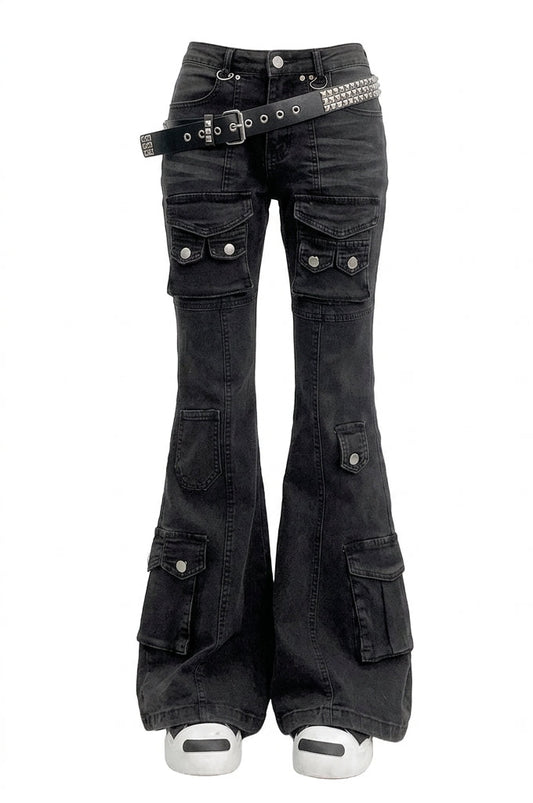 Visual Kei Studded Belt Cargo Flare Jeans in Washed Black Shoptery