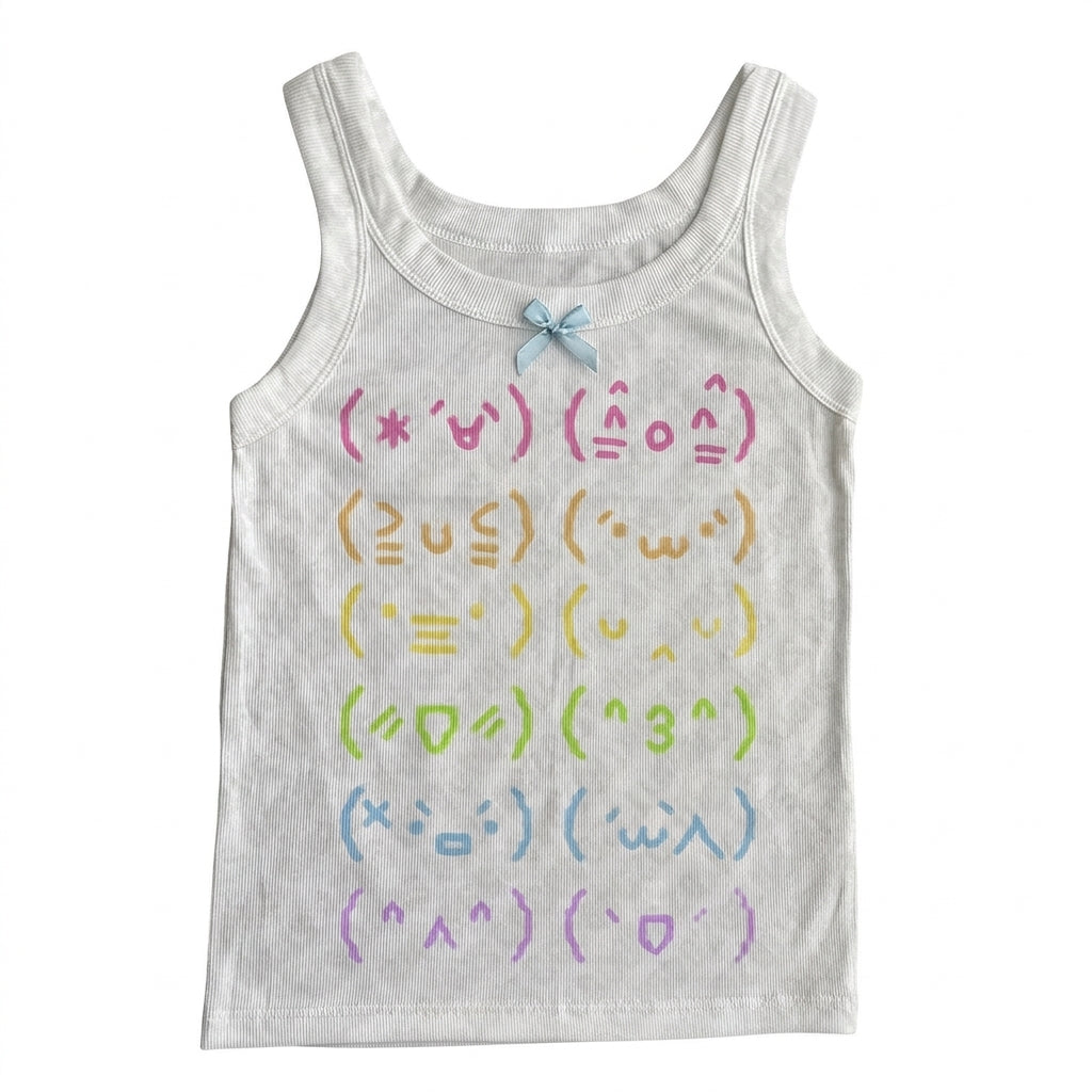 Fairy Kei Pastel Kaomoji Print Ribbed Tank Top with Bow WHITE Shoptery Main image