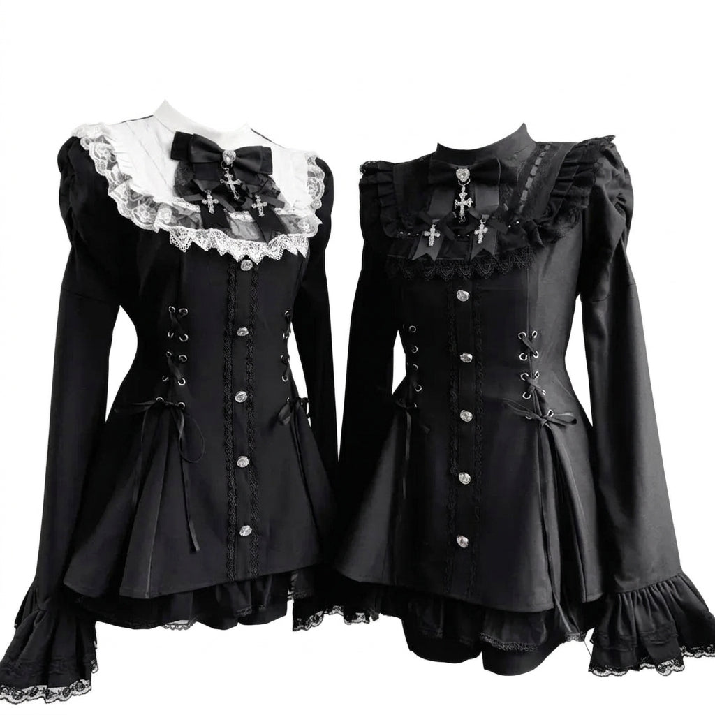 Jirai Kei Gothic Cross Lace Ruffle Blouse & Shorts Set Shoptery