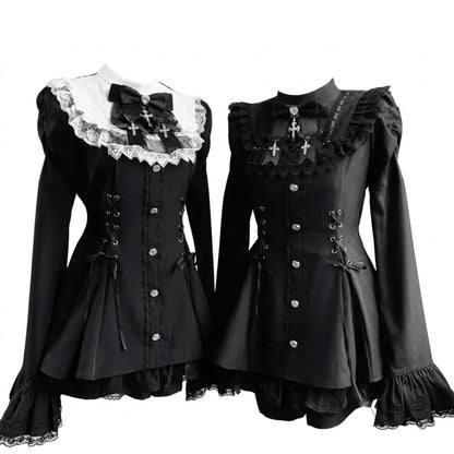 Jirai Kei Gothic Cross Lace Ruffle Blouse & Shorts Set Shoptery