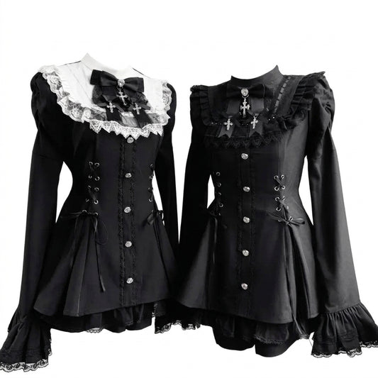 Jirai Kei Gothic Cross Lace Ruffle Blouse & Shorts Set Shoptery
