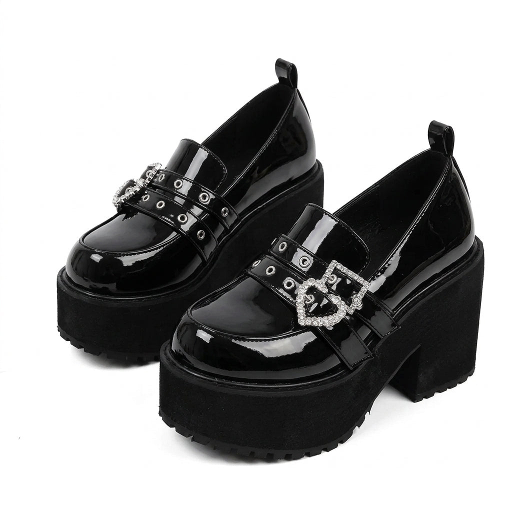 Jirai Kei Patent Platform Loafers with Rhinestone Heart Buckle Shoptery