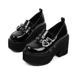 Jirai Kei Patent Platform Loafers with Rhinestone Heart Buckle Shoptery