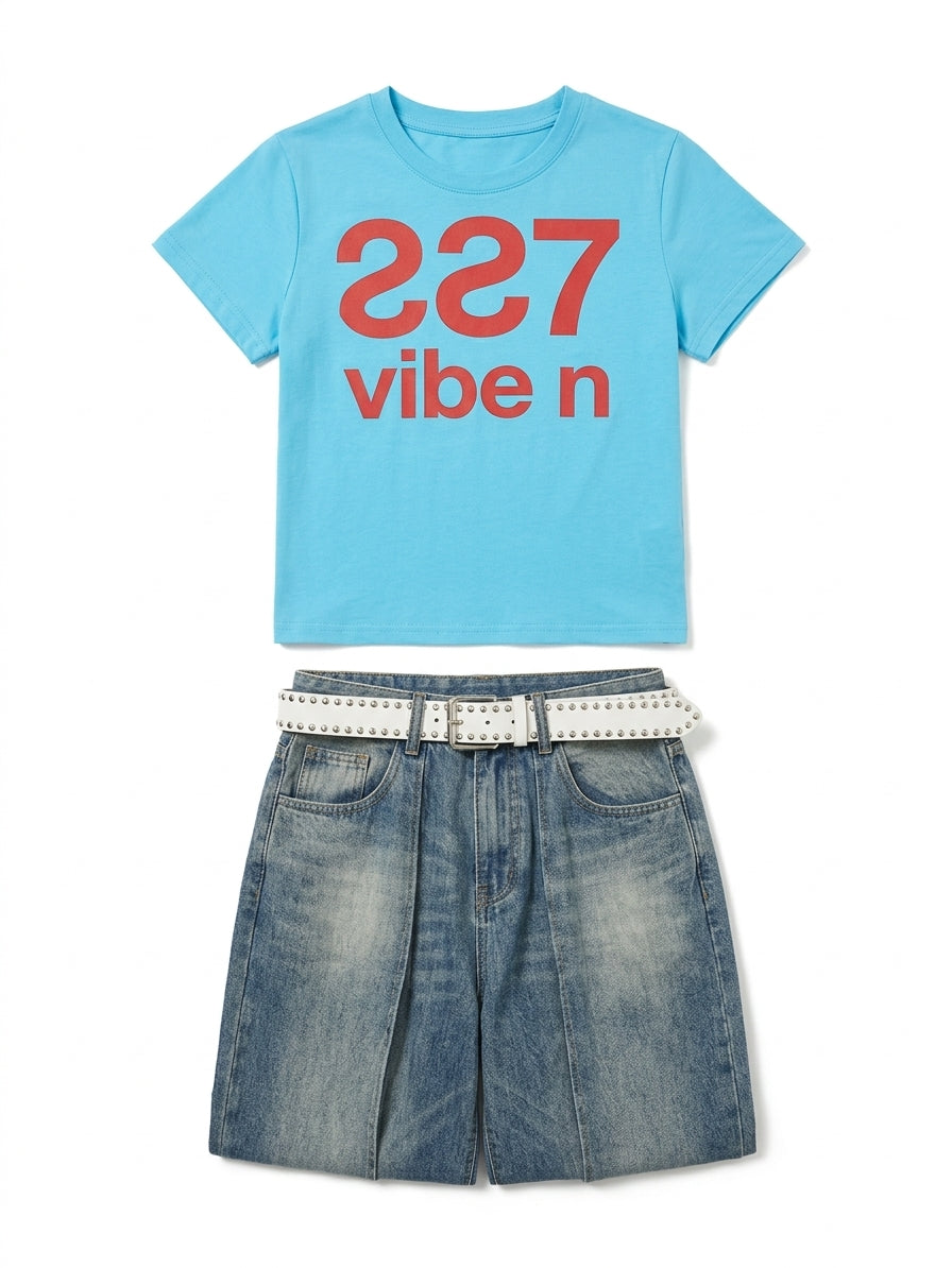 Gyaru Y2K Graphic Crop Tee with Studded Denim Shorts Set Shoptery Main image