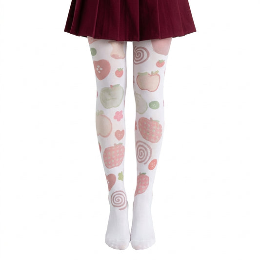 Fairy Kei Kawaii Fruit Print White Tights Strawberry Apple Pattern Shoptery
