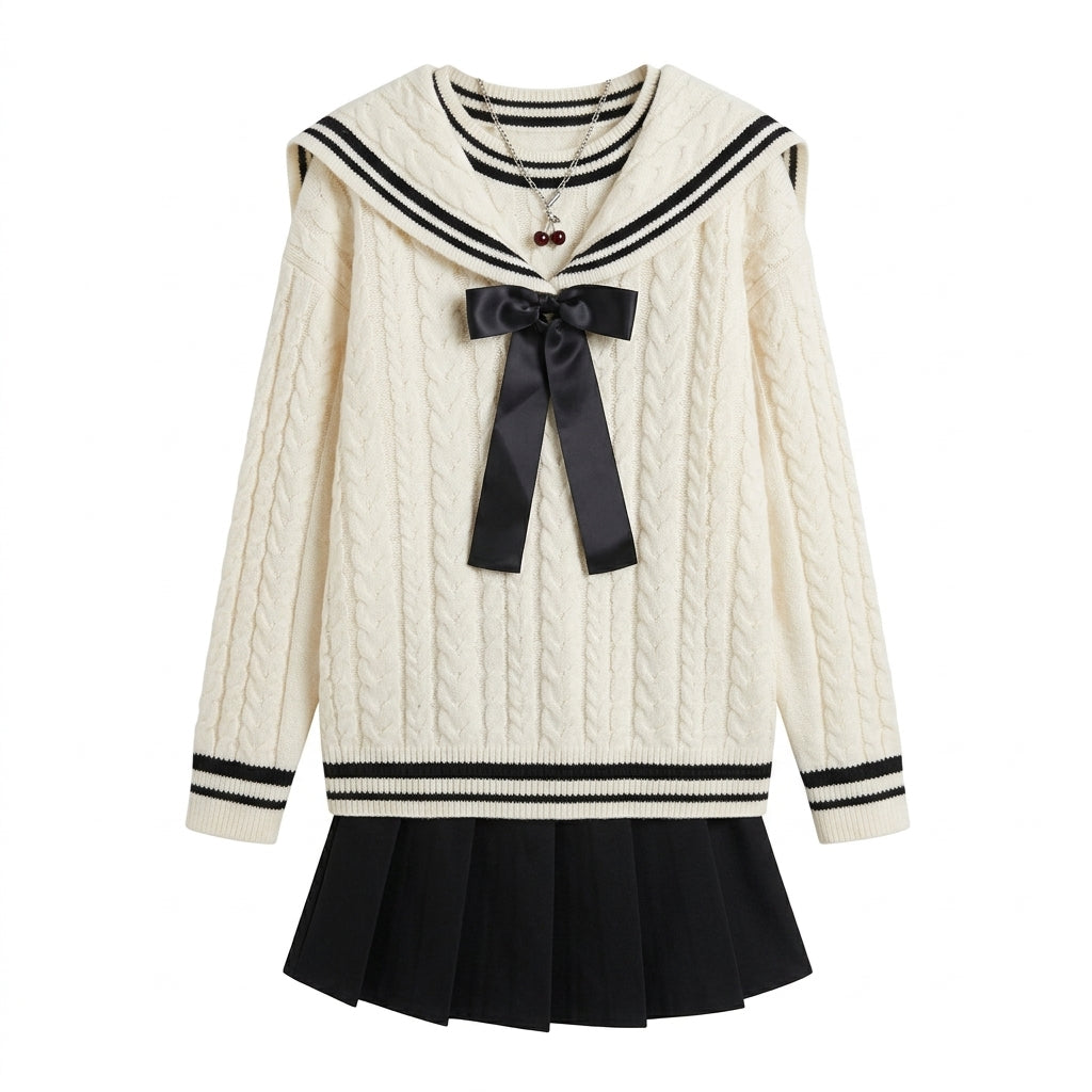 Jirai Kei Sailor Collar Cable Knit Sweater & Pleated Skirt Set Shoptery Main image