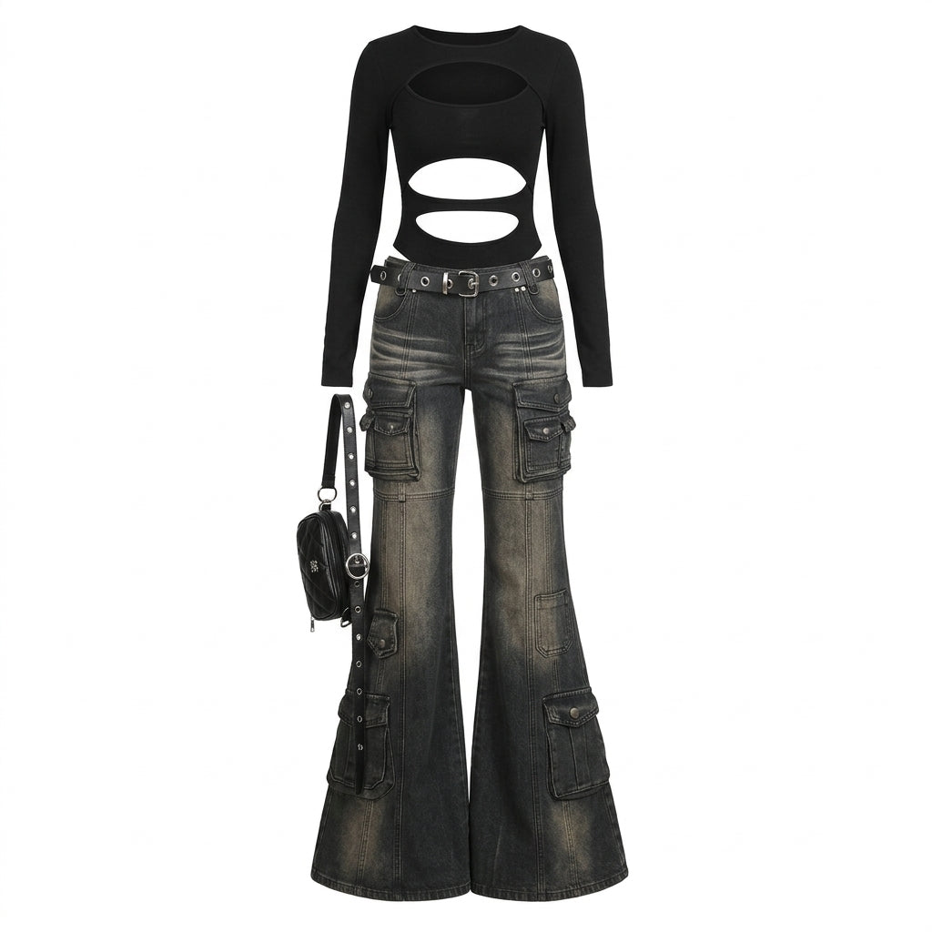 Visual Kei Cutout Crop Top & Flare Cargo Jeans Set with Studded Belt Shoptery Main image