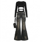 Visual Kei Cutout Crop Top & Flare Cargo Jeans Set with Studded Belt Shoptery