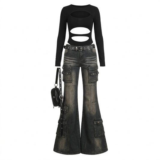 Visual Kei Cutout Crop Top & Flare Cargo Jeans Set with Studded Belt Shoptery