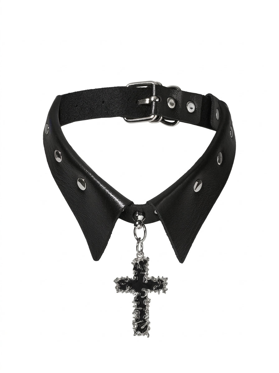 Visual Kei Studded Leather Collar Choker with Gothic Cross Pendant black Shoptery