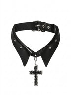 Visual Kei Studded Leather Collar Choker with Gothic Cross Pendant black Shoptery