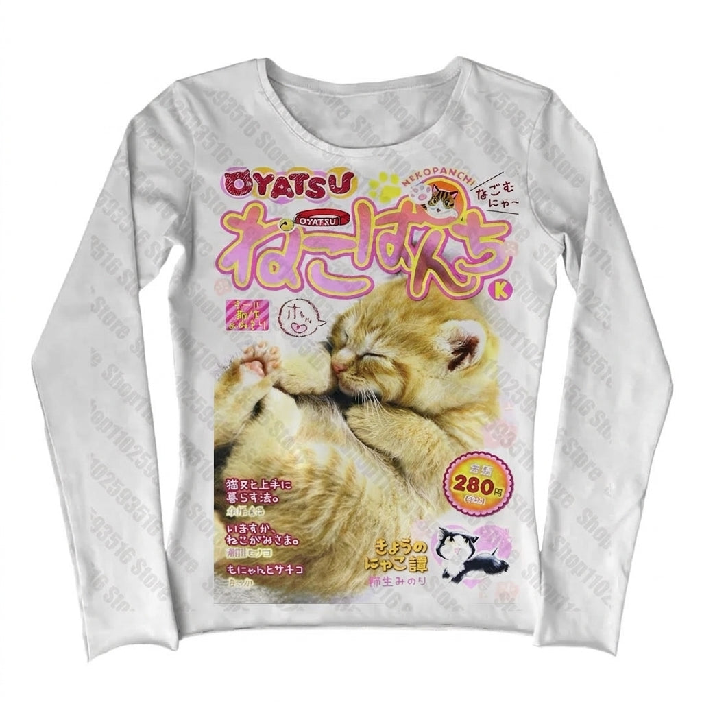 Yami Kawaii Neko Panchi Cat Magazine Print Long Sleeve Tee WHITE Shoptery Main image