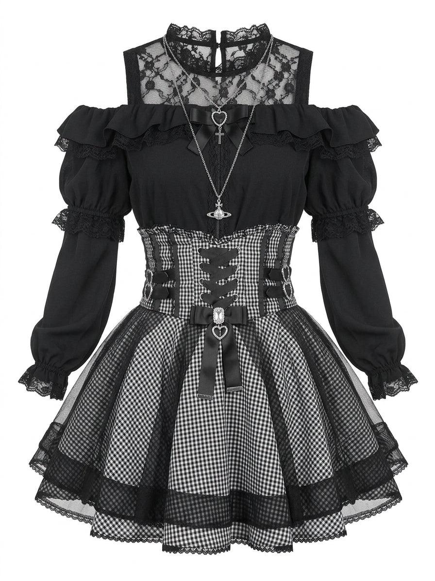 Jirai Kei Gothic Lace & Gingham Cold-Shoulder Corset Mini Dress Set Set Shoptery Main image