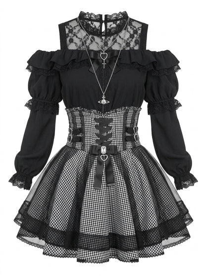 Jirai Kei Gothic Lace & Gingham Cold-Shoulder Corset Mini Dress Set Shoptery
