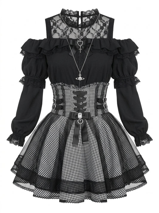 Jirai Kei Gothic Lace & Gingham Cold-Shoulder Corset Mini Dress Set Shoptery