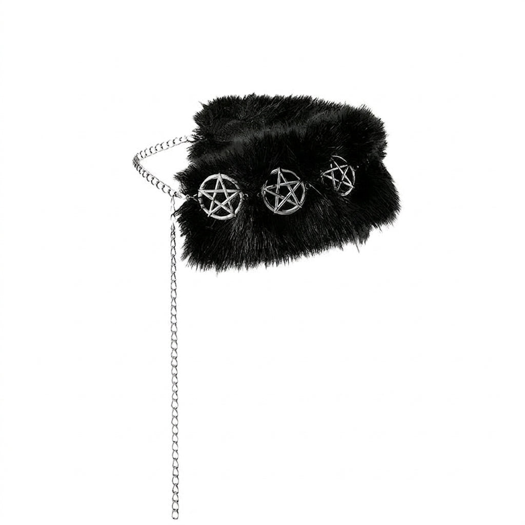 Visual Kei Black Faux Fur Pentagram Chain Choker Cuff Bracelet black Shoptery Main image