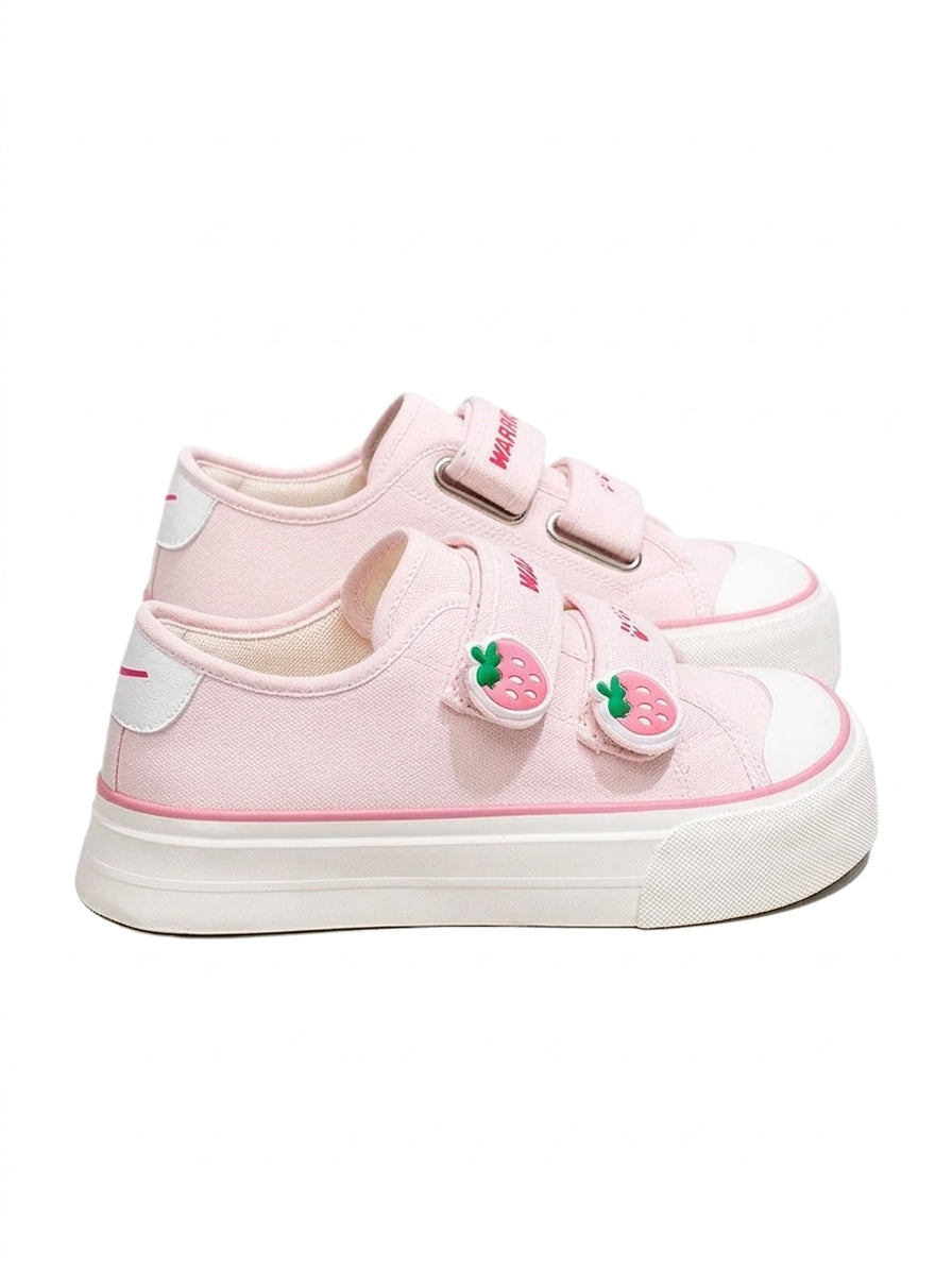 Fairy Kei Pink Strawberry Platform Canvas Sneakers with Velcro Straps Pink Shoptery