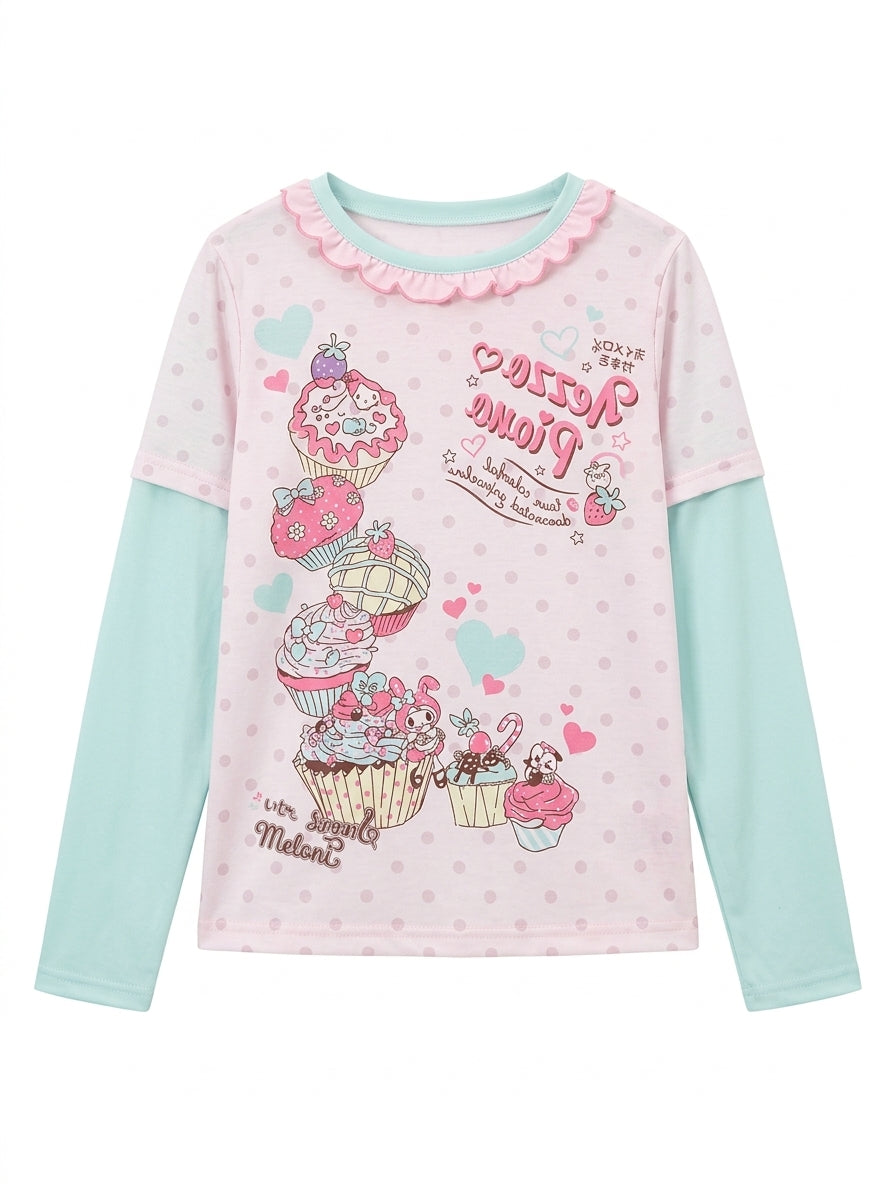 Fairy Kei Pastel Cupcake Sanrio Print Layered Long Sleeve Top Shoptery