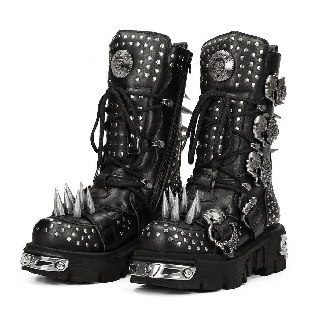 Visual Kei Skull Spike Studded Platform Combat Boots as picture Shoptery Main image