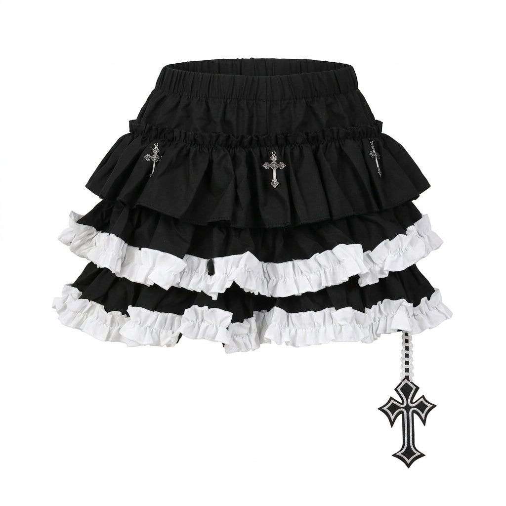 Jirai Kei Black White Ruffle Tiered Mini Skirt with Cross Charms Shoptery