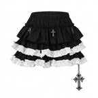 Jirai Kei Black White Ruffle Tiered Mini Skirt with Cross Charms Shoptery