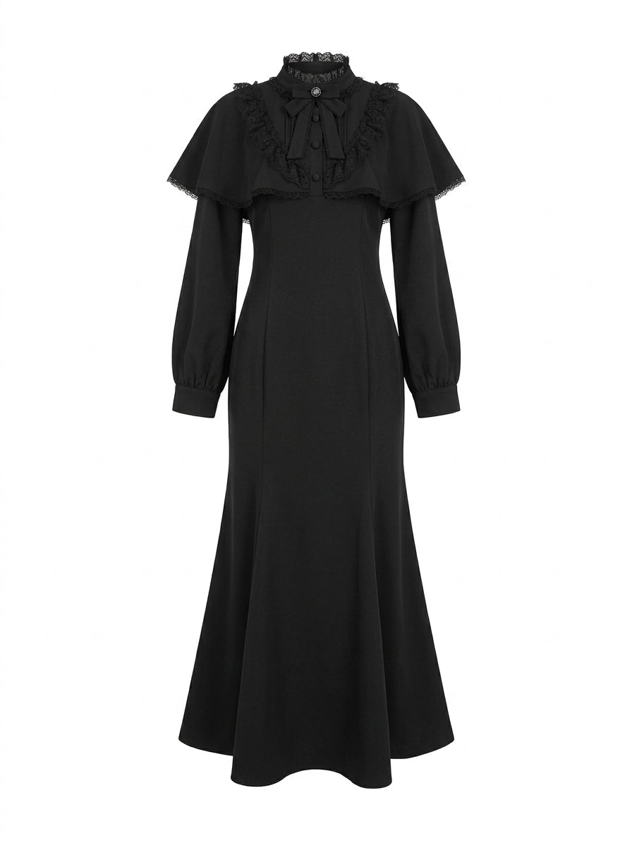 Visual Kei Victorian Cape Lace Ruffle Long Sleeve Mermaid Dress Shoptery