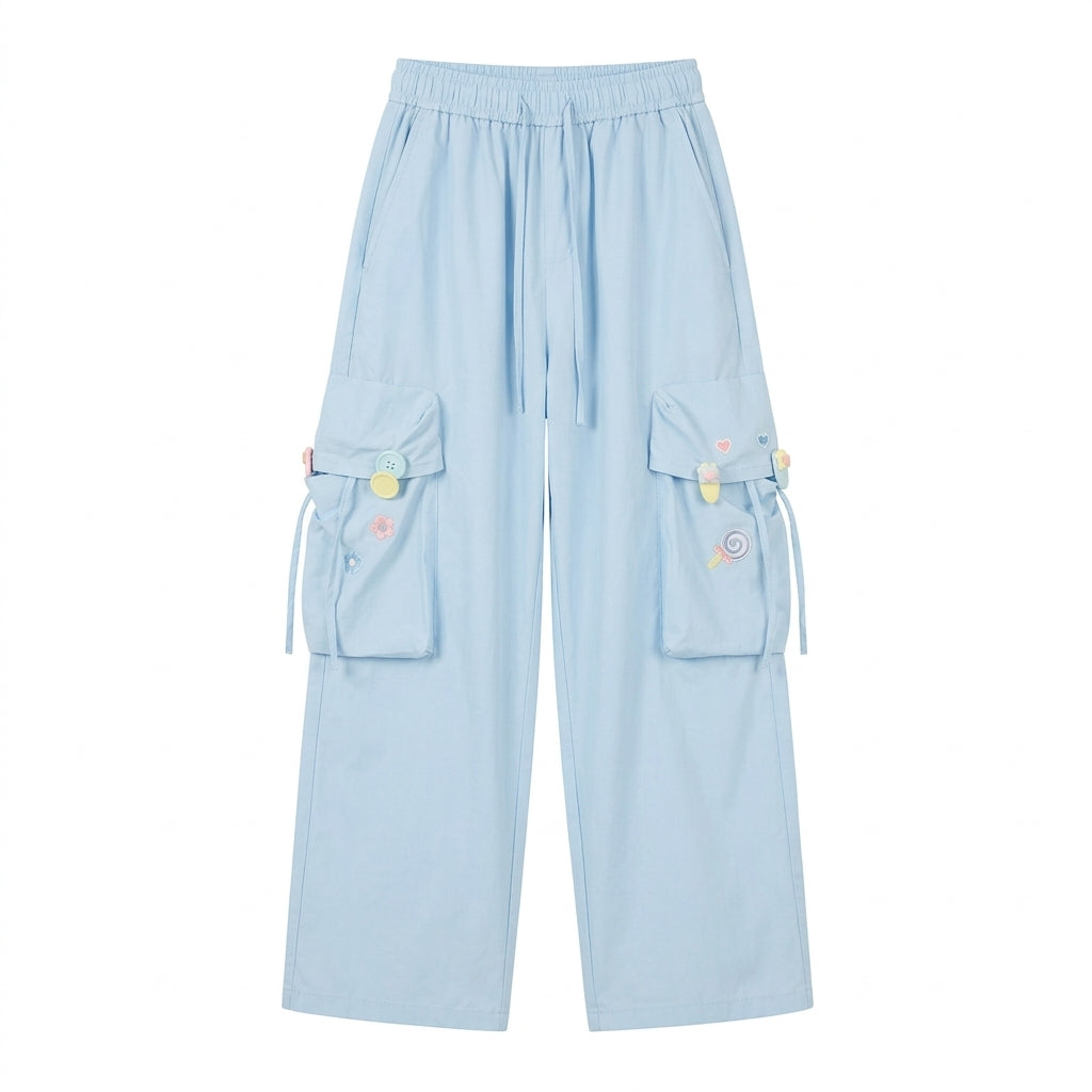Fairy Kei Pastel Blue Cargo Wide-Leg Pants with Candy Embroidery blue Shoptery Hauptbild