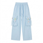 Fairy Kei Pastel Blue Cargo Wide-Leg Pants with Candy Embroidery blue Shoptery