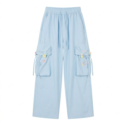 Fairy Kei Pastel Blue Cargo Wide-Leg Pants with Candy Embroidery Shoptery