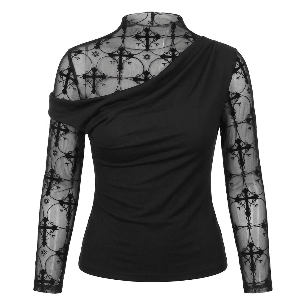 Visual Kei Cross Mesh Ruched Turtleneck Long Sleeve Top black Shoptery