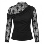 Visual Kei Cross Mesh Ruched Turtleneck Long Sleeve Top black Shoptery
