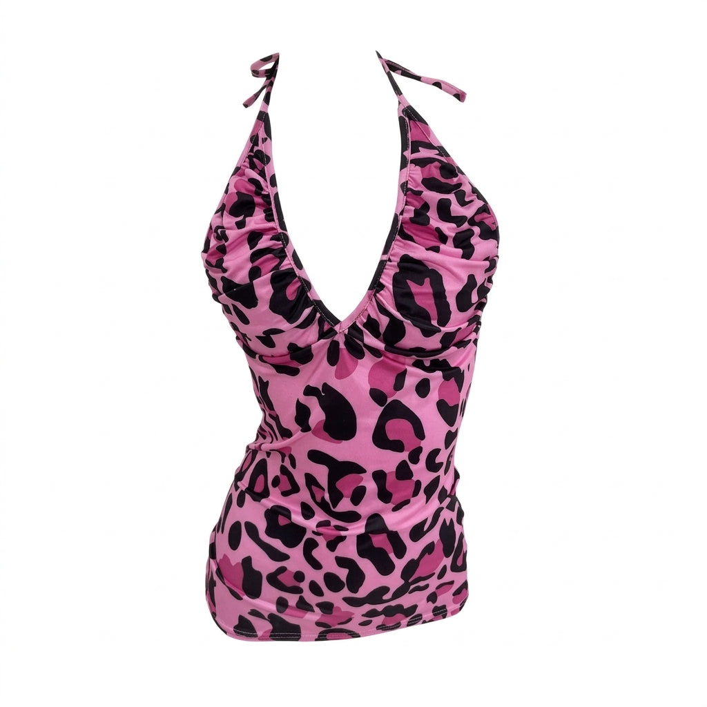 Gyaru Pink Leopard Print Deep V Halter Ruched Bodycon Top Pink Shoptery Hauptbild