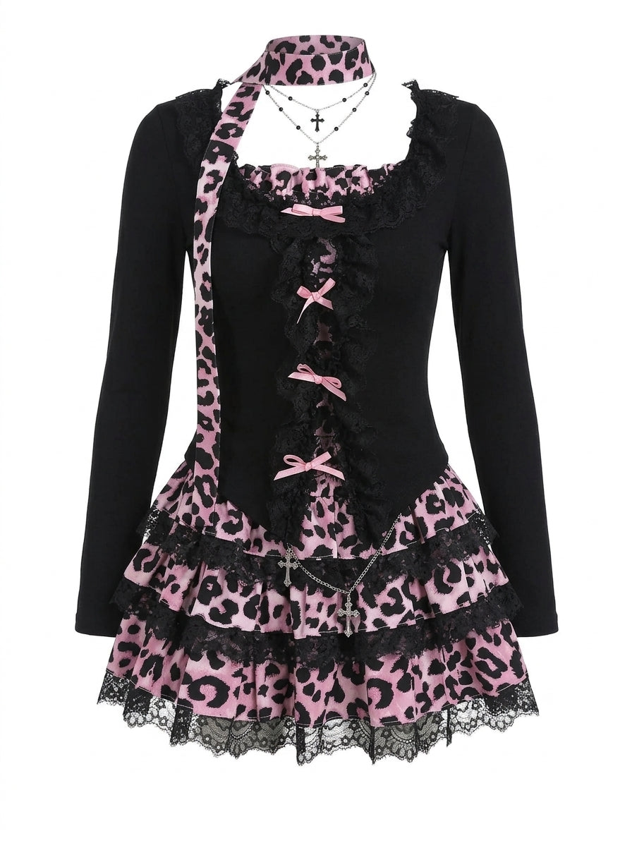 Jirai Kei Pink Leopard Lace Ruffle Mini Dress & Top Set Shoptery Main image