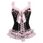 Jirai Kei Black Pink Skull Lace-Up Corset Ruffle Mini Dress Black-Pink Shoptery