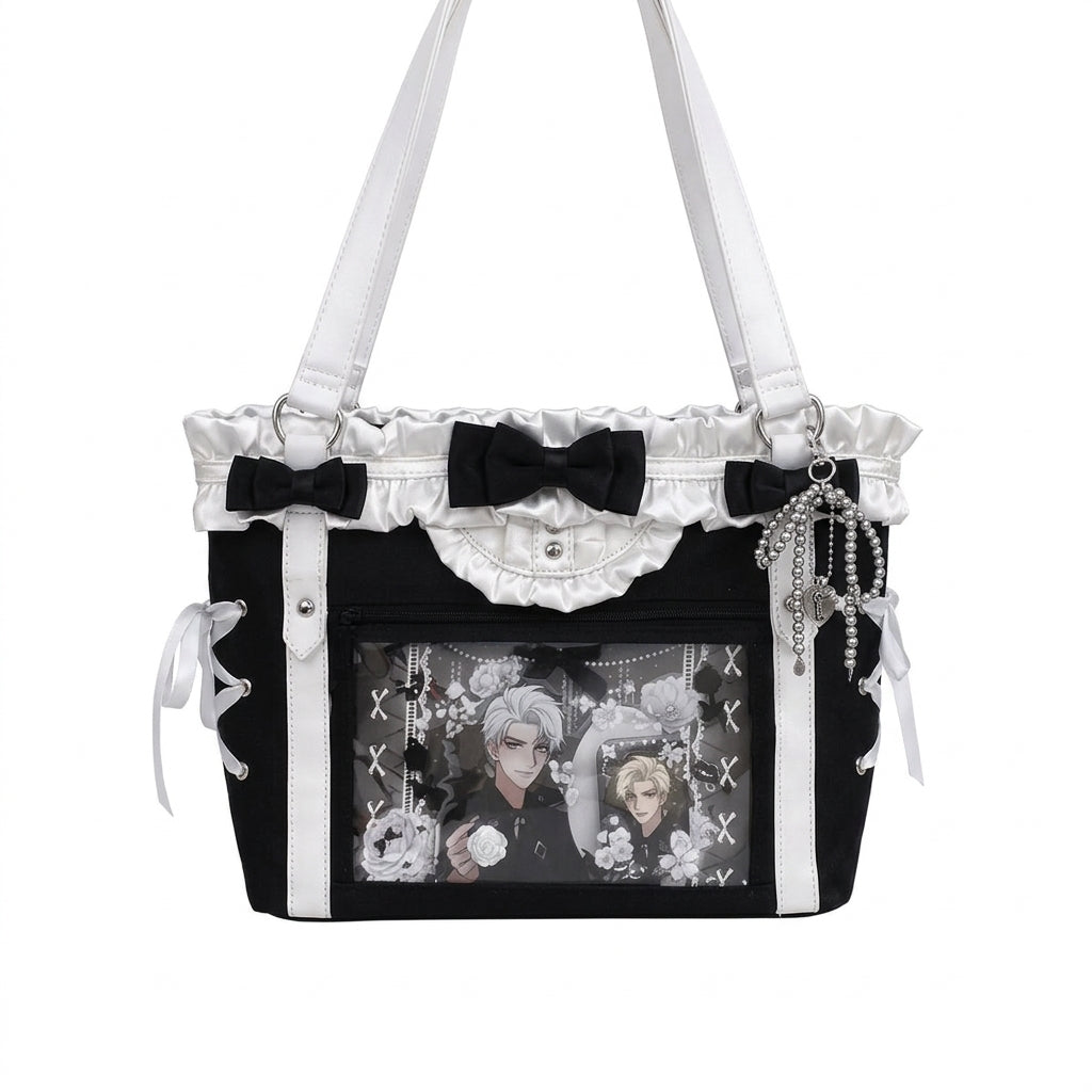 Jirai Kei Gothic Ita Tote Bag with Bows, Frills & Pearl Charms Shoptery Main image