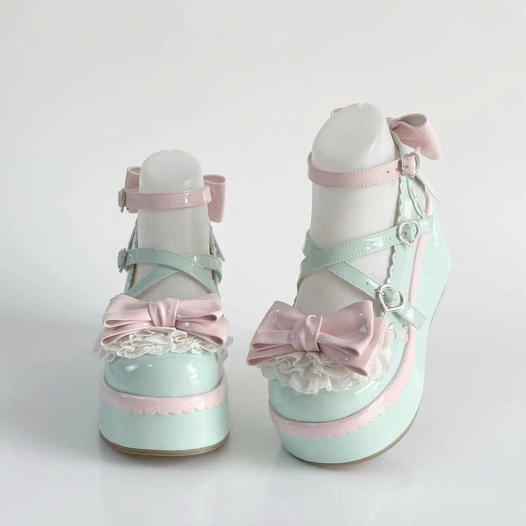 Fairy Kei Mint & Pink Lace Bow Platform Mary Jane Shoes Shoptery