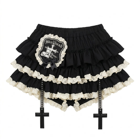 Jirai Kei Gothic Cross Charm Ruffle Bloomers Mini Skirt Shoptery