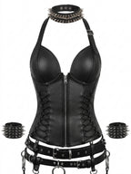 Visual Kei Faux Leather Spiked Halter Corset Top with Harness Set Shoptery