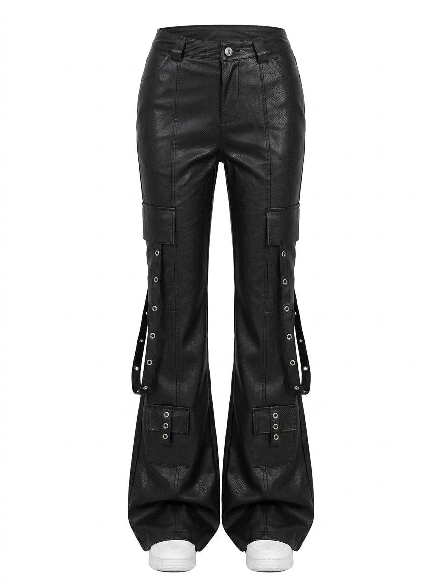 Visual Kei Black Faux Leather Cargo Flare Pants with Grommet Detail black Shoptery Main image