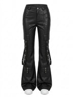Visual Kei Black Faux Leather Cargo Flare Pants with Grommet Detail black Shoptery